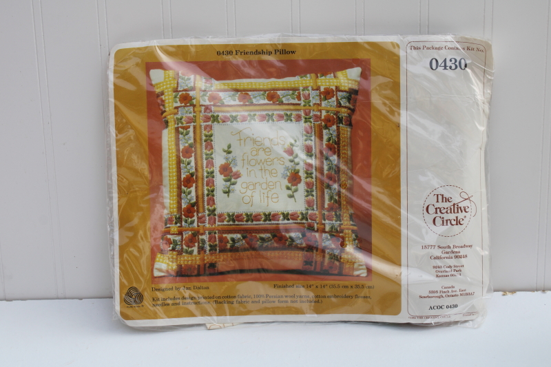 photo of sealed vintage crewel embroidery kit, pillow top or hanging hippie style Friends are Flowers #1