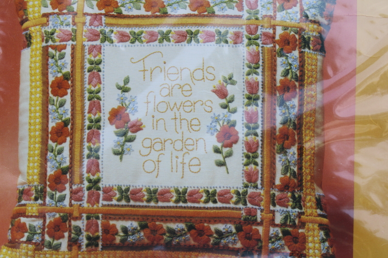 photo of sealed vintage crewel embroidery kit, pillow top or hanging hippie style Friends are Flowers #2