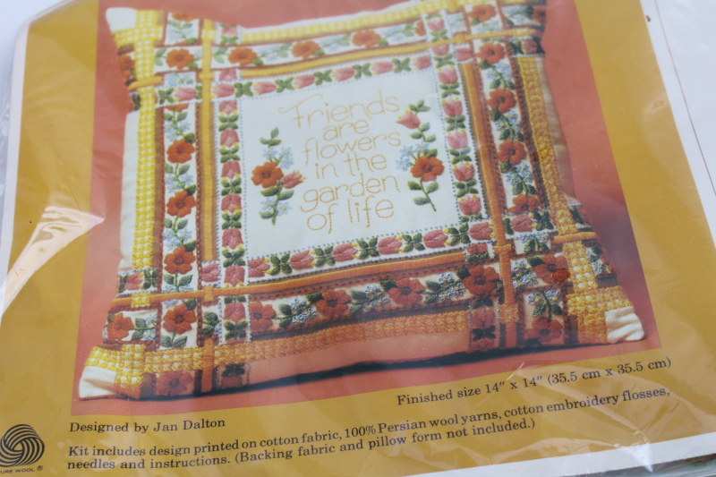 photo of sealed vintage crewel embroidery kit, pillow top or hanging hippie style Friends are Flowers #3