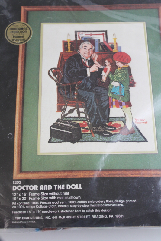 photo of sealed vintage crewel embroidery kit w/ yarn Norman Rockwell picture Doctor and the doll  #1