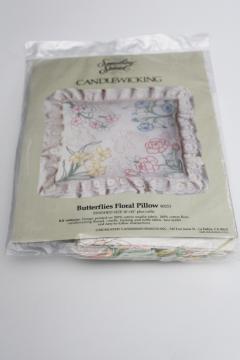 catalog photo of sealed vintage kit candlewick embroidery pillow, butterfly garden pink blue green yellow