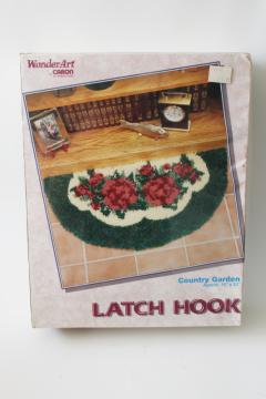 sealed vintage latch hook kit, roses floral half round mat, printed rug canvas & yarn