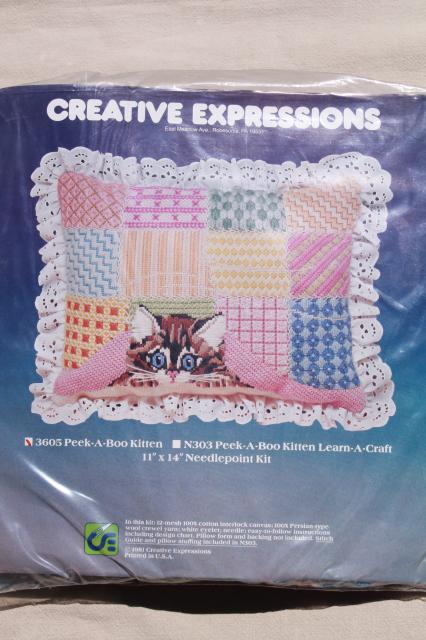 photo of sealed vintage needlepoint sampler kit, Peek a Boo Kitten canvas, yarn, instructions #1