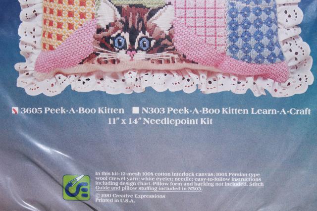 photo of sealed vintage needlepoint sampler kit, Peek a Boo Kitten canvas, yarn, instructions #2