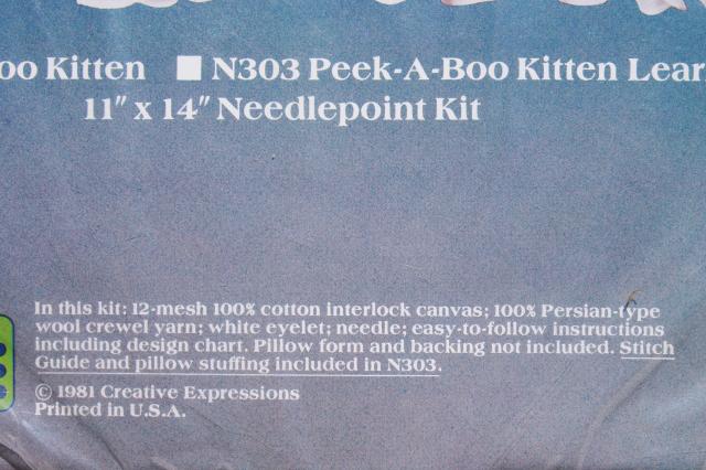 photo of sealed vintage needlepoint sampler kit, Peek a Boo Kitten canvas, yarn, instructions #4