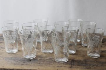 catalog photo of set 12 vintage juice or cordial glasses, wheel cut grapes etch, clear depression glass