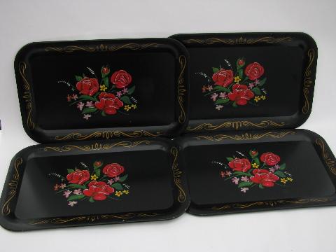 photo of set 4 vintage metal lap trays for snacks or meals, pink roses on black #1