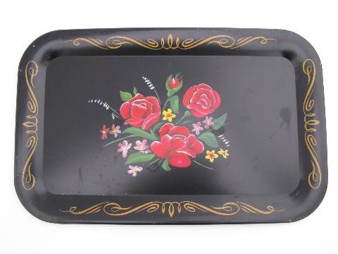 photo of set 4 vintage metal lap trays for snacks or meals, pink roses on black #2