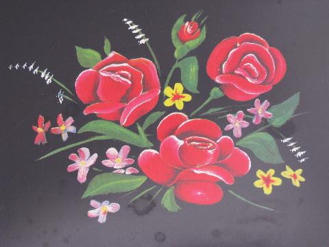 photo of set 4 vintage metal lap trays for snacks or meals, pink roses on black #3