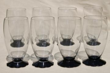 catalog photo of set 8 vintage ebony black / clear glass tumblers, Weston lilly pad water lily flower foot