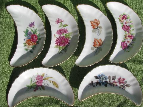 photo of set crescent shape side plates, salad or bone dishes, old floral china #1