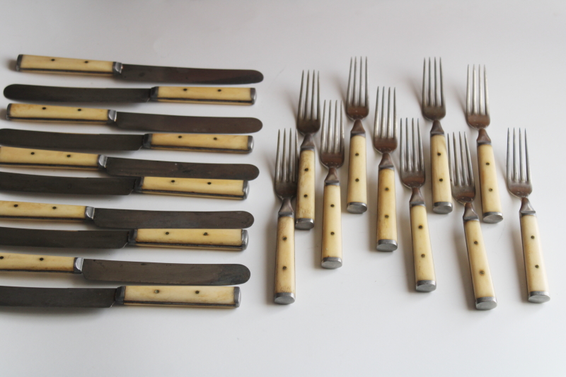 photo of set for 10 antique steel forks & table knives w/ bone handles, 1800s vintage Landers Frary Clark #1