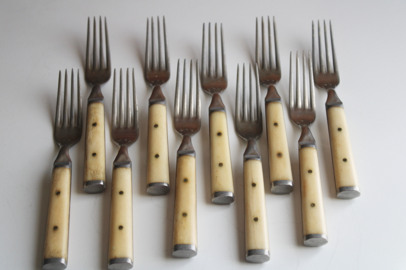 photo of set for 10 antique steel forks & table knives w/ bone handles, 1800s vintage Landers Frary Clark #2