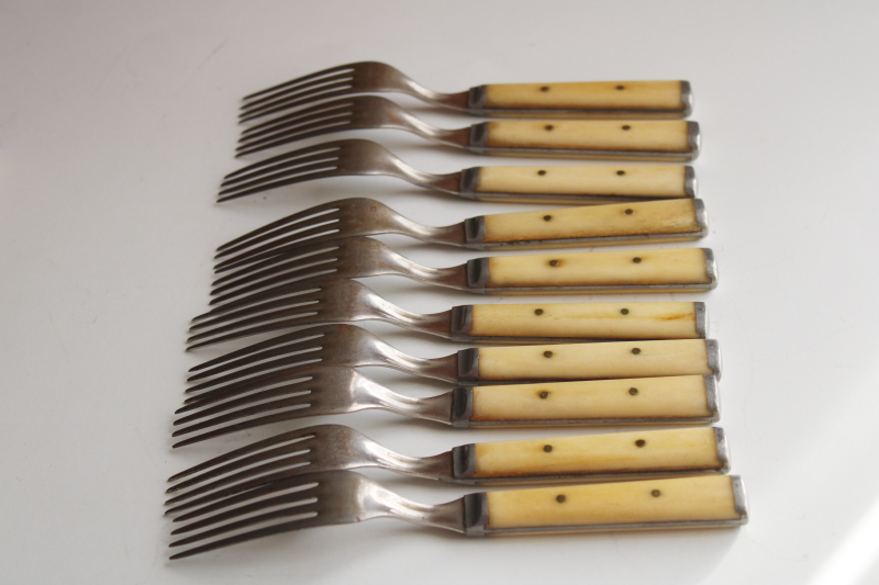 photo of set for 10 antique steel forks & table knives w/ bone handles, 1800s vintage Landers Frary Clark #3