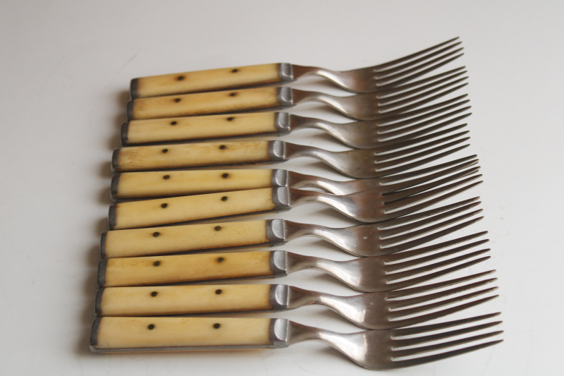 photo of set for 10 antique steel forks & table knives w/ bone handles, 1800s vintage Landers Frary Clark #4