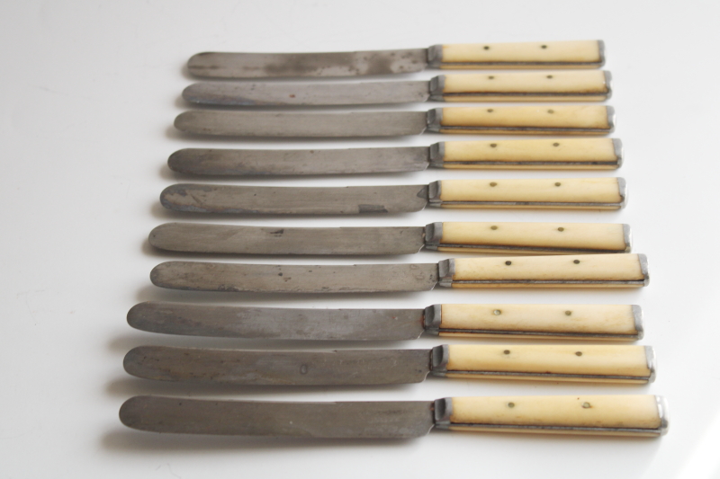 photo of set for 10 antique steel forks & table knives w/ bone handles, 1800s vintage Landers Frary Clark #5