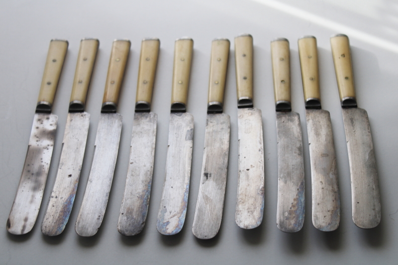 photo of set for 10 antique steel forks & table knives w/ bone handles, 1800s vintage Landers Frary Clark #7