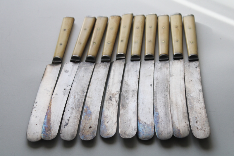 photo of set for 10 antique steel forks & table knives w/ bone handles, 1800s vintage Landers Frary Clark #8