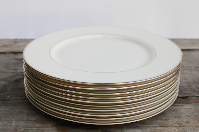 photo of set of 10 dinner plates vintage Japan fine china, Lenox style ivory porcelain w/ platinum silver band #3