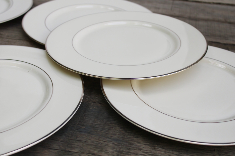 photo of set of 10 dinner plates vintage Japan fine china, Lenox style ivory porcelain w/ platinum silver band #7