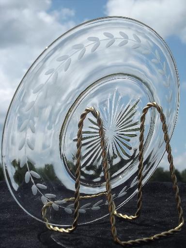 photo of set of 10 etched laurel border wheel cut glass plates, Anchor Hocking? #3