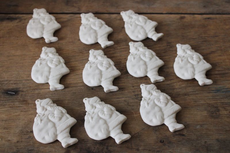 photo of set of 10 plain white unpainted ceramic bisque Christmas ornaments Santa Claus  #1