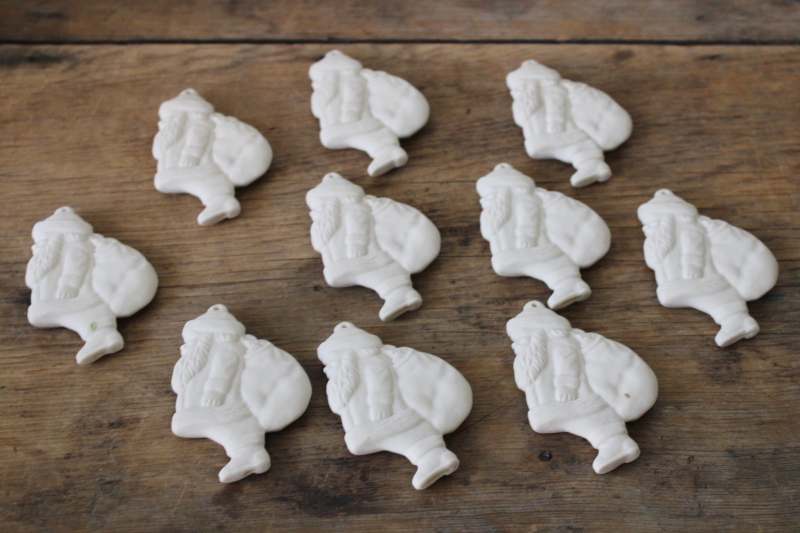 photo of set of 10 plain white unpainted ceramic bisque Christmas ornaments Santa Claus #5