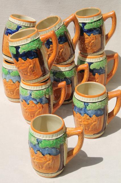 photo of set of 10 vintage ceramic beer mugs, pottery steins w/ hand-painted beer garden scenes #1