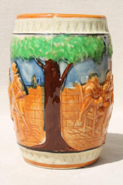photo of set of 10 vintage ceramic beer mugs, pottery steins w/ hand-painted beer garden scenes #5