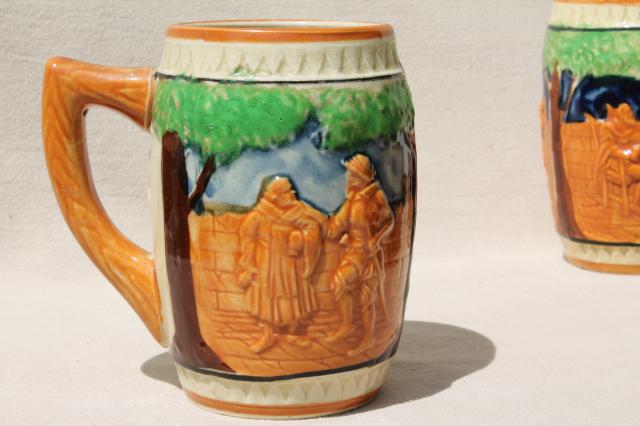 photo of set of 10 vintage ceramic beer mugs, pottery steins w/ hand-painted beer garden scenes #6