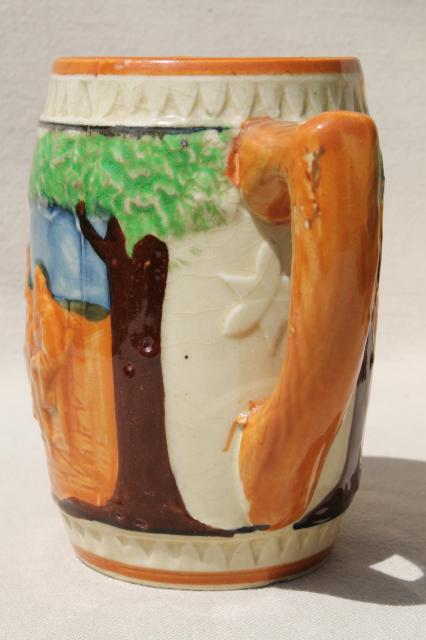 photo of set of 10 vintage ceramic beer mugs, pottery steins w/ hand-painted beer garden scenes #7