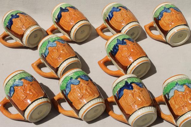photo of set of 10 vintage ceramic beer mugs, pottery steins w/ hand-painted beer garden scenes #10