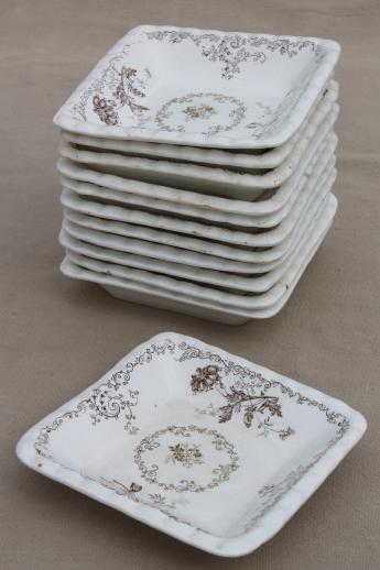 photo of set of 12 antique brown transferware butter pats or side dishes, small square plates #1