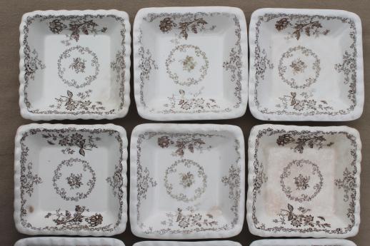 photo of set of 12 antique brown transferware butter pats or side dishes, small square plates #4