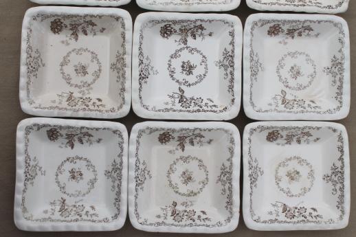 photo of set of 12 antique brown transferware butter pats or side dishes, small square plates #5