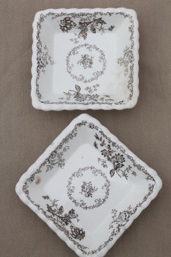 photo of set of 12 antique brown transferware butter pats or side dishes, small square plates #6