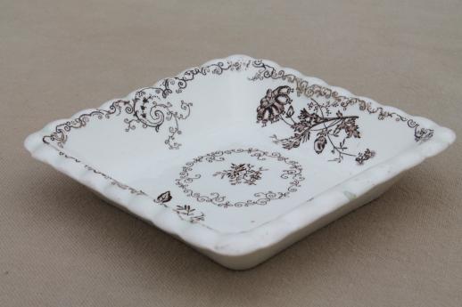 photo of set of 12 antique brown transferware butter pats or side dishes, small square plates #7