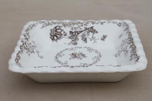 photo of set of 12 antique brown transferware butter pats or side dishes, small square plates #8