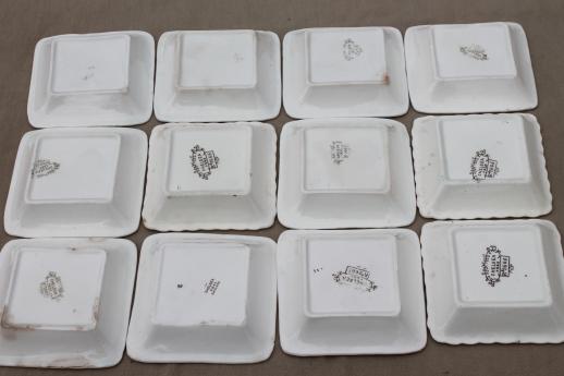 photo of set of 12 antique brown transferware butter pats or side dishes, small square plates #9