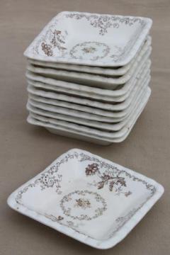 catalog photo of set of 12 antique brown transferware butter pats or side dishes, small square plates