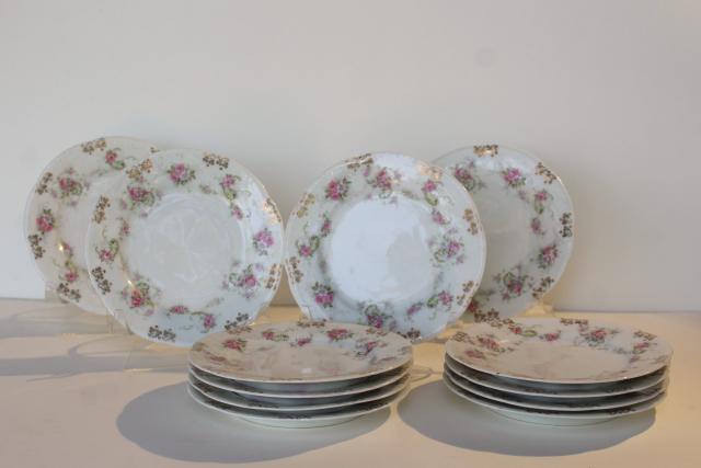 photo of set of 12 antique china dessert plates w/ pink roses floral, Wallender Austria #1