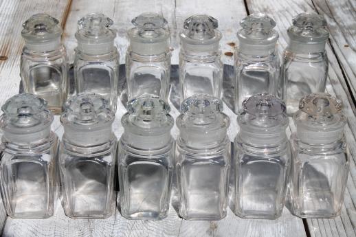 photo of set of 12 antique glass apothecary bottles or spice jars w/ ground stoppers #1