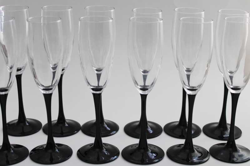 photo of set of 12 ebony black stem crystal flute champagne glasses, vintage Luminarc France #1