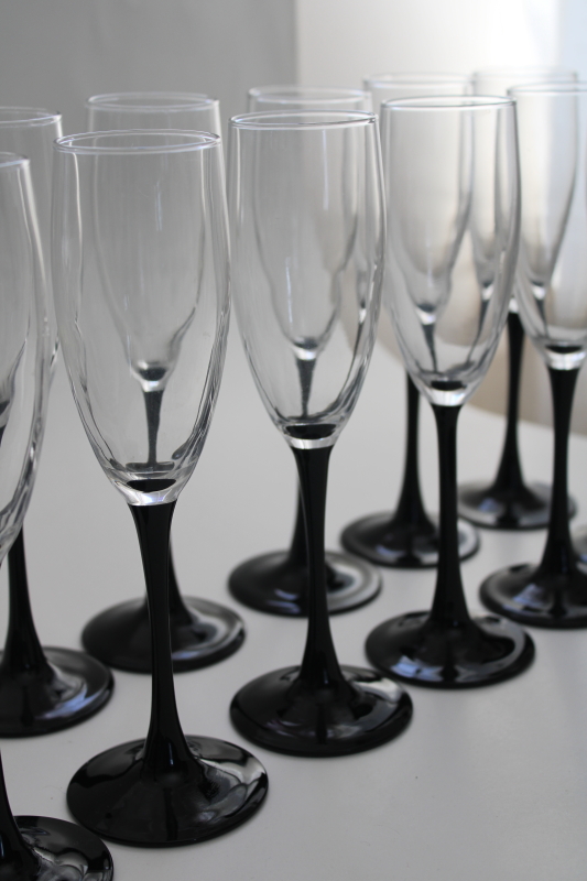 photo of set of 12 ebony black stem crystal flute champagne glasses, vintage Luminarc France #2