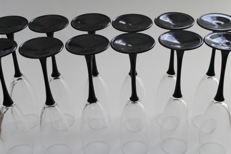 photo of set of 12 ebony black stem crystal flute champagne glasses, vintage Luminarc France #3