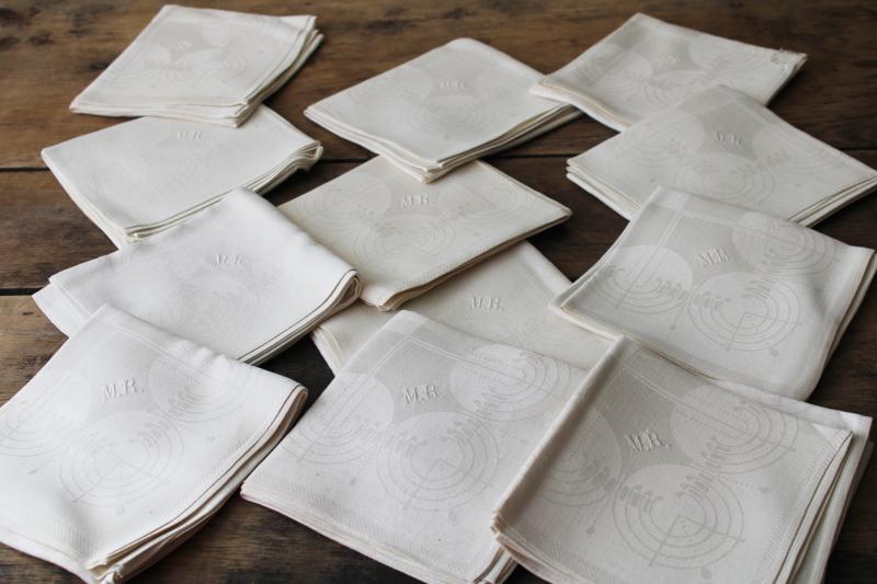 photo of set of 12 large dinner napkins, art deco vintage pure linen damask w/ embroidered monogram #1