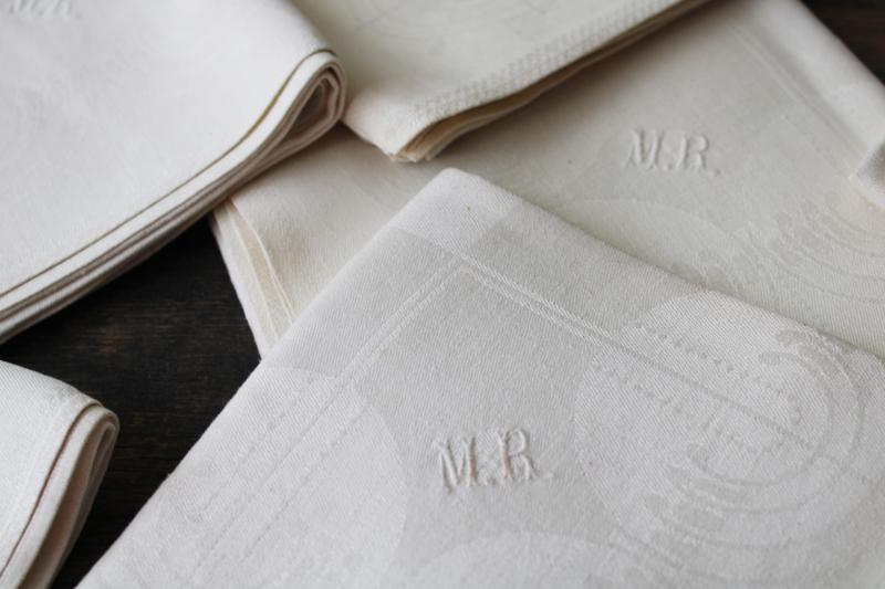 photo of set of 12 large dinner napkins, art deco vintage pure linen damask w/ embroidered monogram #6