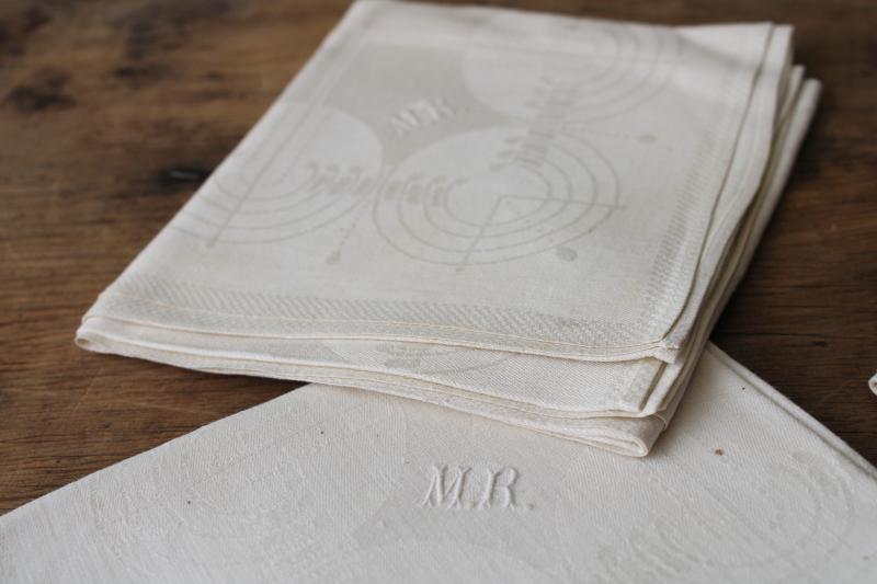 photo of set of 12 large dinner napkins, art deco vintage pure linen damask w/ embroidered monogram #7