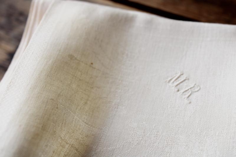 photo of set of 12 large dinner napkins, art deco vintage pure linen damask w/ embroidered monogram #12