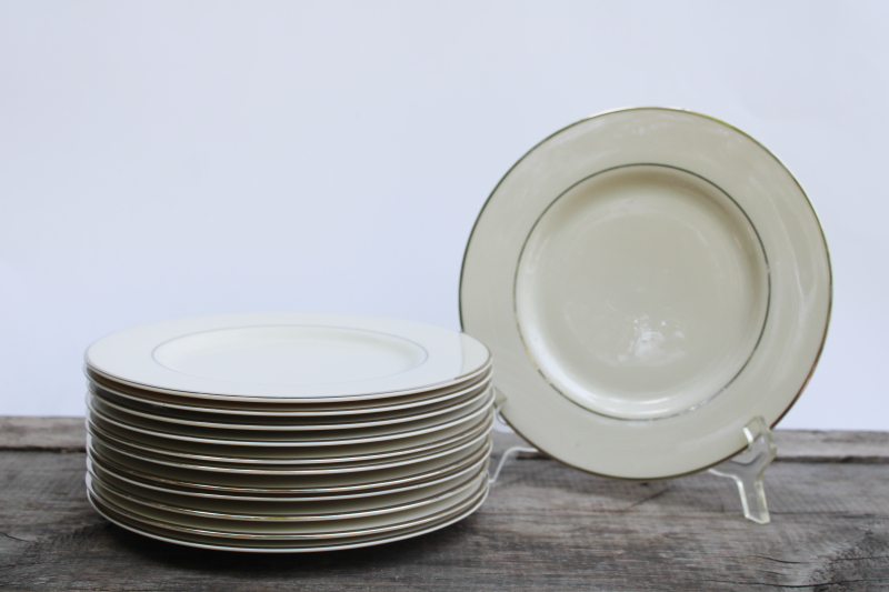 photo of set of 12 mint condition salad plates vintage Japan fine china, Lenox style ivory porcelain w/ platinum silver band  #1
